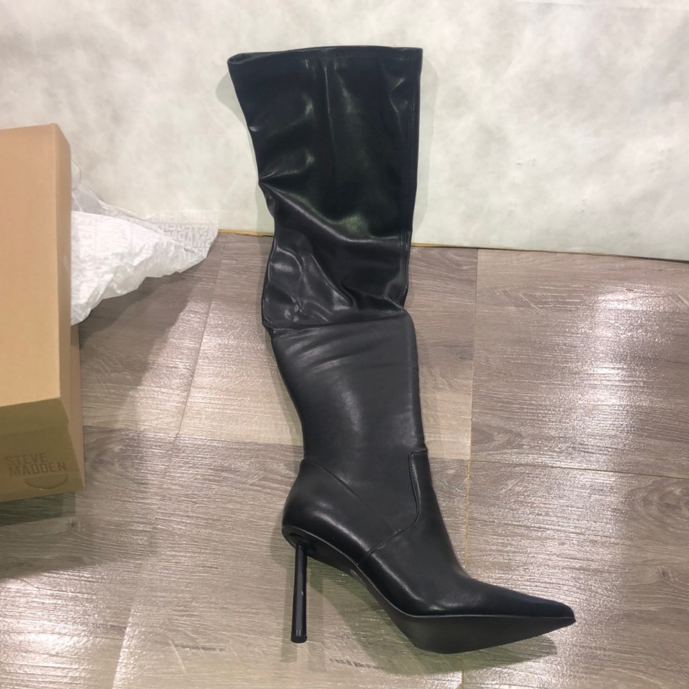 Steve Madden Vivee Stretch Black Heeled Boots with Stiletto Elegance New